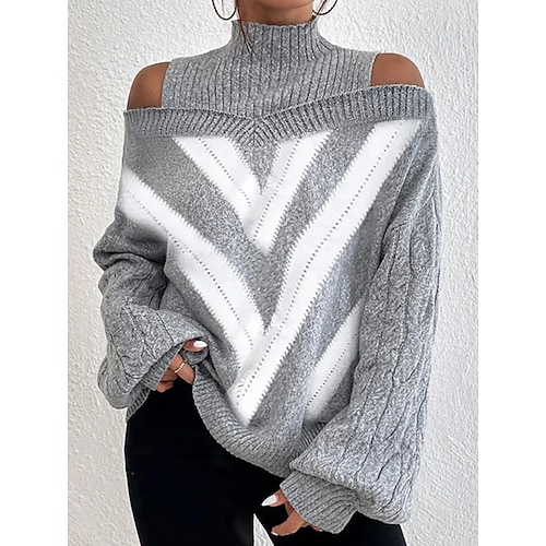 

Women's Pullover Sweater Jumper Crochet Knit Cropped Cold Shoulder Argyle Turtleneck Stylish Casual Daily Winter Fall Gray S M L