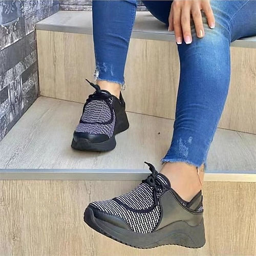 

Women's Sneakers Daily Plus Size Wedge Heel Round Toe Sporty Casual Synthetics Lace-up Solid Colored Black Green Rosy Pink