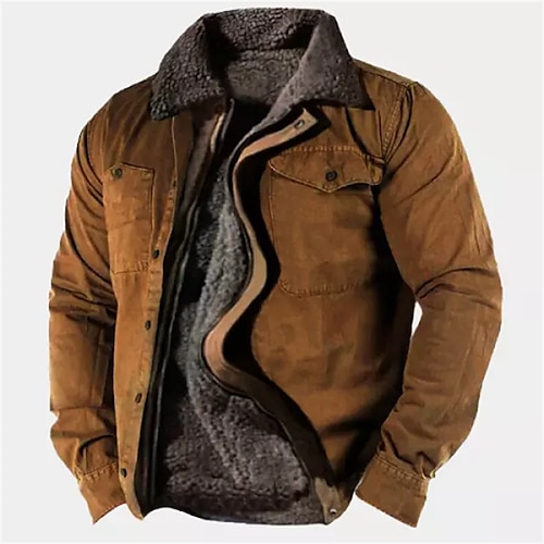 

Men's Winter Jacket Winter Coat Work Jacket Durable Casual / Daily Daily Wear Vacation To-Go Zipper Turndown Warm Ups Comfort Leisure Jacket Outerwear Solid / Plain Color Pocket Brown Green khaki