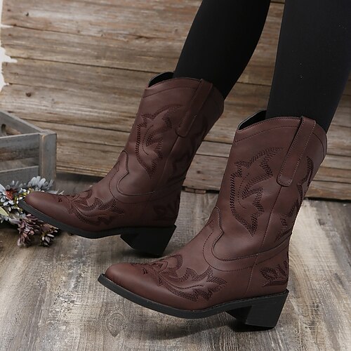 

Women's Boots Cowboy Boots Plus Size Booties Ankle Boots Winter Chunky Heel Round Toe PU Leather Loafer Solid Colored Black Coffee