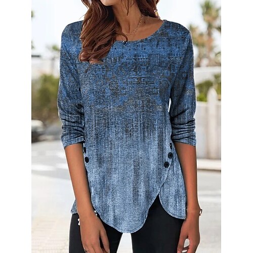 

Women's T shirt Tee Green Blue Brown Graphic Button Print Long Sleeve Daily Weekend Basic Round Neck Regular Abstract Painting S