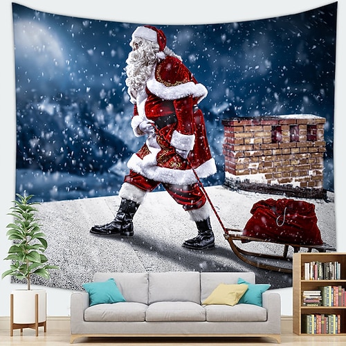 

Christmas Party Wall Tapestry Photography Background Holiday Art Decor Blanket Hanging Home Bedroom Living Room Decoration Santa Claus Tree Snowman Elk Snowflake Candle Gift Fireplace