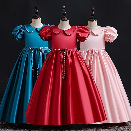

Kids Little Girls' Dress Solid Colored A Line Dress Party Birthday Bow Green Pink Red Maxi Short Sleeve Princess Sweet Dresses Spring Summer Slim 1 PC 3-12 Years