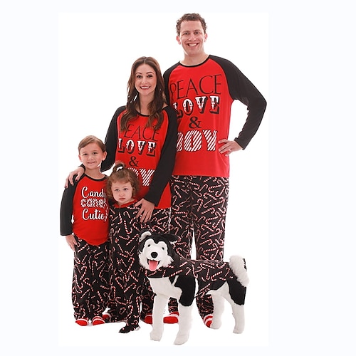 

Family Look Christmas Pajamas Letter Candy Cane Home Red Long Sleeve Sweet Matching Outfits