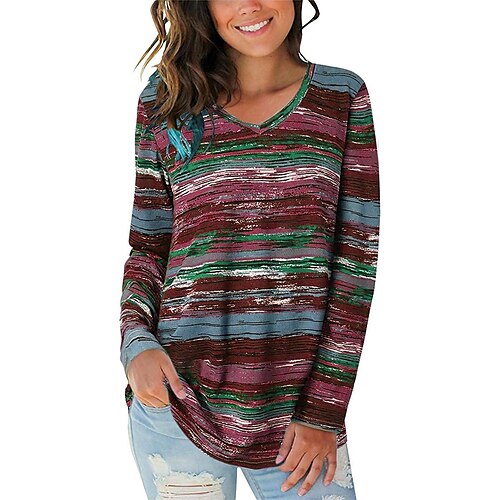 

Women's T shirt Tee Blue Wine Coffee Striped Print Long Sleeve Daily Basic V Neck S