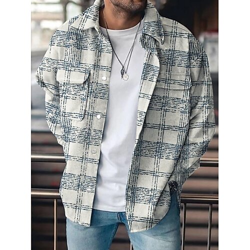 

Men's Shirt Overshirt Shirt Jacket Plaid Check Turndown Beige Long Sleeve Street Daily Button-Down Tops Basic Fashion Casual Comfortable