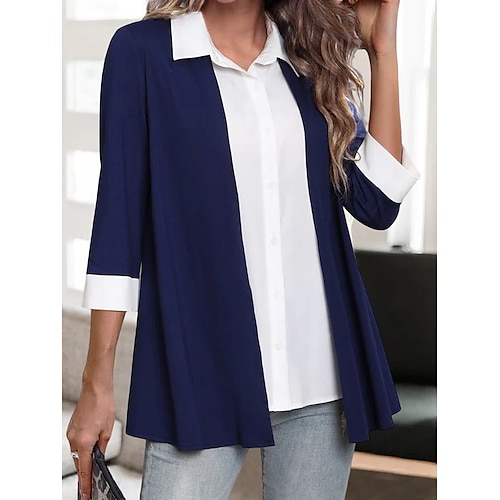 

Damen Hemd Bluse Marineblau Farbblock Taste Langarm Arbeit Strassenmode Hemdkragen Standard M