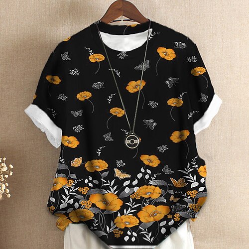 

Women's Plus Size Tops T shirt Tee Floral Print Short Sleeve Crewneck Streetwear Daily Sports Cotton Spandex Jersey Spring Summer Green Blue