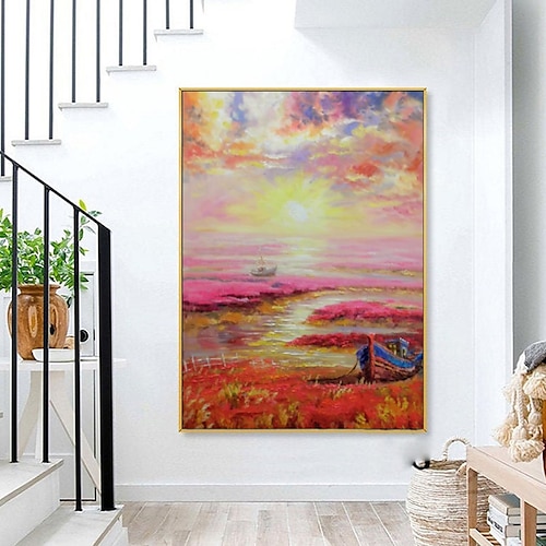 

Handmade Oil Painting Canvas Wall Art Decorative Abstract Knife Painting Seascape Red For Home Decor Rolled Frameless Unstretched Painting