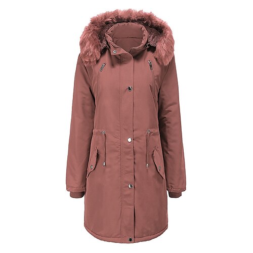 

Women's Winter Jacket Parka Warm Breathable Outdoor Daily Wear Vacation Going out Button Pocket Drawstring Fur Collar Single Breasted Stand Collar Active Fashion Comfortable Street Style Solid Color