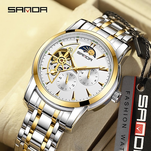 

SANDA Original Automatic Men's Luxury Watch Mechanical Self-Winding Skeleton Top Brand Watches Moon Phase Waterproof Wristwatch