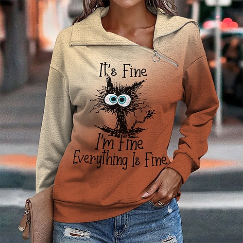 

Women's Sweatshirt Pullover Streetwear Zipper Green Purple Pink Cat Street V Neck Long Sleeve S M L XL 2XL