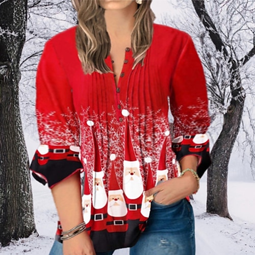 

Women's Plus Size Christmas Tops Tunic Shirts Santa Claus Button Print 3/4 Length Sleeve Crew Neck Casual Festival Daily Cotton Winter Fall Red Gray