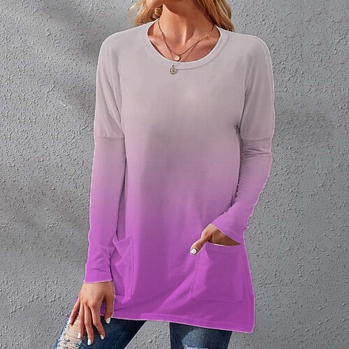 

Women's T shirt Tee Blue Purple Orange Graphic Pocket Print Long Sleeve Daily Weekend Basic Round Neck Long S