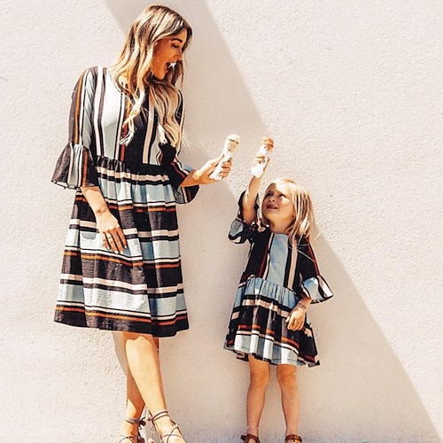 

Mommy and Me Dresses Stripe Causal Black Long Sleeve Knee-length Basic Matching Outfits
