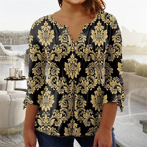 

Women's Plus Size Tops Blouse Shirt Floral Button Print 3/4 Length Sleeve V Neck Casual Daily Vacation Cotton Spandex Jersey Fall Winter Yellow Gray