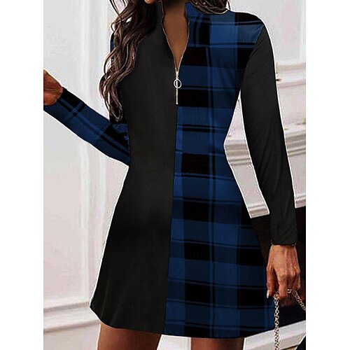 

Women's Casual Dress Plaid Dress Short Mini Dress Blue Long Sleeve Plaid Zipper Print Fall Winter Stand Collar Casual Modern 2022 S M L XL XXL