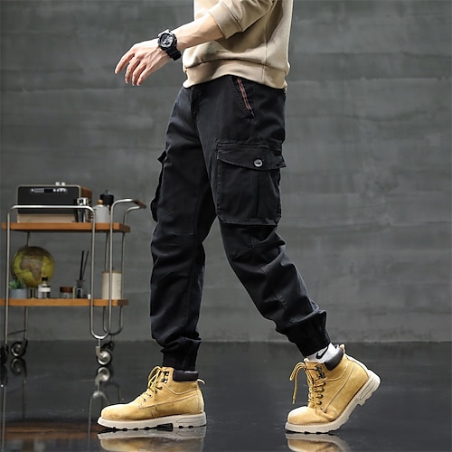 

Men's Cargo Pants Trousers Multi Pocket Elastic Cuff Solid Color Casual Daily Going out Sports Stylish ArmyGreen Khaki Micro-elastic