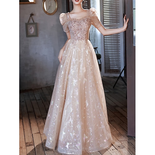 

A-Line Prom Dresses Elegant Dress Party Wear Floor Length Half Sleeve Sweetheart Neckline Satin with Appliques Strappy 2022