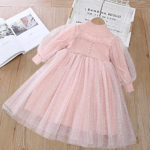 

Bambino Da ragazza Vestito Tinta unica Fino a metà polpaccio Vestito Feste Cotone Manica lunga Dolce Vestito 3-10 anni Inverno Blu Rosa Bianco