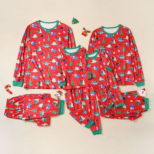 

Family Look Christmas Pajamas Dinosaur Christmas Tree Home Red Long Sleeve Basic Matching Outfits