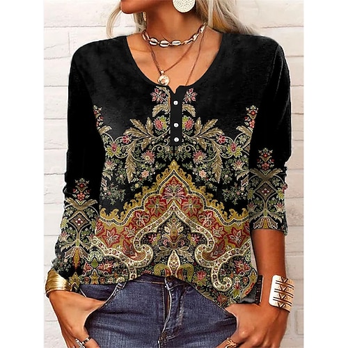 

Women's T shirt Tee Green Black Blue Flower Patchwork Print Long Sleeve Casual Daily Vintage Ethnic Round Neck Regular Loose Fit S