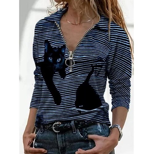 

Women's Shirt Blue khaki Grey Cat Striped Quarter Zip Print Long Sleeve Casual Basic Shirt Collar Regular 3D Cat S