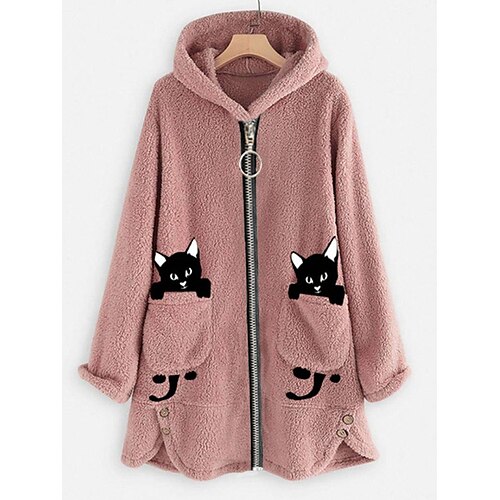 

Women's Fleece Jacket Sherpa Fleece Teddy Pocket Zip Up Pink Cat Street Hoodie Long Sleeve Fleece S M L XL 2XL