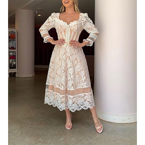 

Women's Lace Dress Cut Out Dress Swing Dress Midi Dress White Long Sleeve Pure Color Lace Spring Summer V Neck Fashion Slim 2022 S M L XL