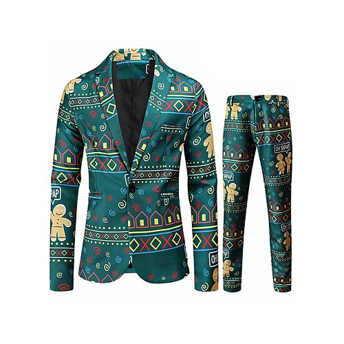 

Dark Green Men's Christmas Suits 2 Piece Patterned Standard Fit Single Breasted One-button 2022