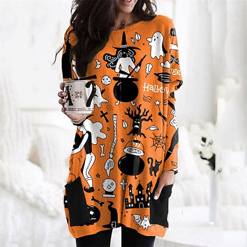 

Women's Sweatshirt Dress Winter Dress Light Yellow Black Purple Yellow Orange White Long Sleeve Cat Pocket Print Winter Fall Crew Neck Stylish Casual Fall Dress Loose Fit 2022 S M L XL 2XL
