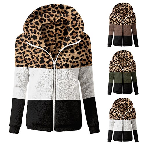 

Women's Zip Hoodie Sweatshirt Army Green Coffee White V Neck Leopard Patchwork Casual non-printing Fleece Casual Sherpa Fleece Teddy Clothing Apparel 闲闲 Hoodies Sweatshirts