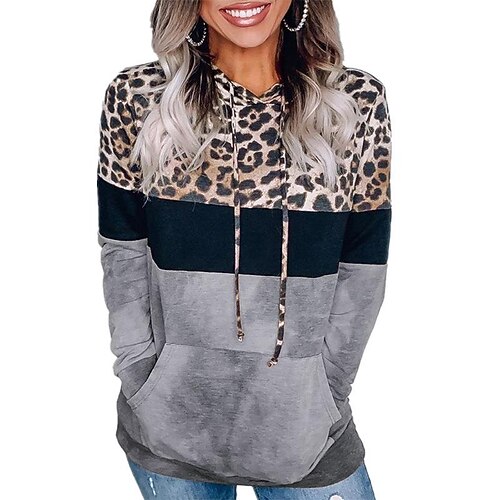 

Women's Hoodie Sweatshirt Pullover Basic Front Pocket ArmyGreen Blue Light Grey Leopard Color Block Street Hoodie Long Sleeve S M L XL 2XL 3XL