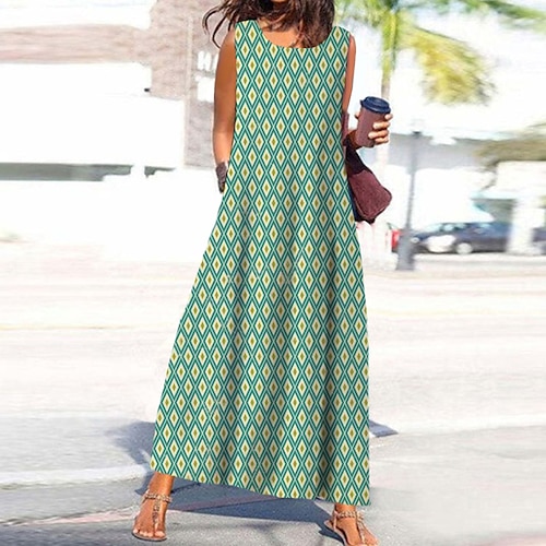 

Women's Casual Dress Shift Dress Swing Dress Green Black Sleeveless Geometric Print Spring Summer 2022 S M L XL XXL 3XL