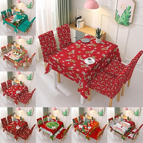 

Christmas Tablecloth Set Chair Cover Rectangle Table Cloth Cover Washable Wrinkle Resistant for Christmas Family Gathering, Dining Room Table