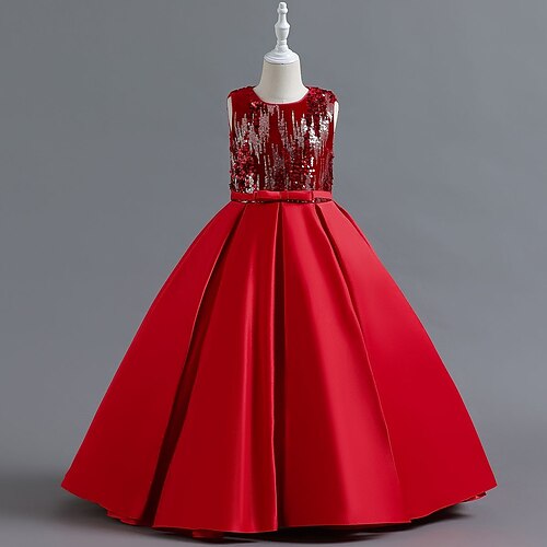 

Kids Little Girls' Dress Sequin A Line Dress Performance Wedding Sequins Embroidered Bow Green Red Maxi Sleeveless Elegant Sweet Dresses Spring Summer Regular Fit 4-13 Years