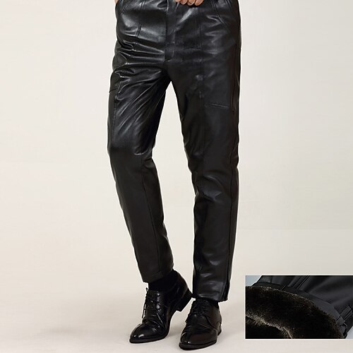 

Men's Skinny Trousers Casual Pants Faux Leather Pants Zipper Pocket Solid Color Comfort Warm Full Length Daily Going out Streetwear PU Stylish Classic Style Black High Waist / Fleece lined / Winter