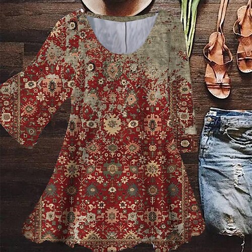 

Femme Grande taille Hauts Chemisier Chemise Floral Imprimer Manches 3/4 Ras du cou Casual du quotidien Vacances Jersey de coton et spandex Hiver Automne Vin / Grande Taille