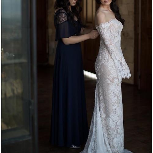 

Mermaid / Trumpet Wedding Dresses Jewel Neck Court Train Lace Tulle Long Sleeve Boho Sexy with Bow(s) 2022