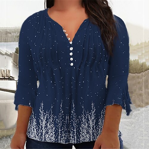 

Women's Plus Size Tops Blouse Shirt Graphic Button Print 3/4 Length Sleeve V Neck Casual Daily Vacation Cotton Spandex Jersey Winter Fall Wine Navy Blue