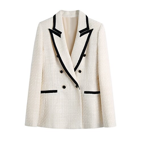 

Women's Blazer Warm Breathable Outdoor Office Work Button Pocket Double Breasted Turndown OL Style Elegant Modern Solid Color Regular Fit Outerwear Long Sleeve Winter Fall Beige XS S M L