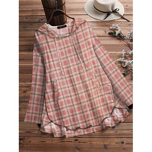 

Women's Plus Size Tops Hoodie Sweatshirt Plaid Ruffle Print Long Sleeve Hooded Casual Daily Going out Cotton Winter Fall Pink Black