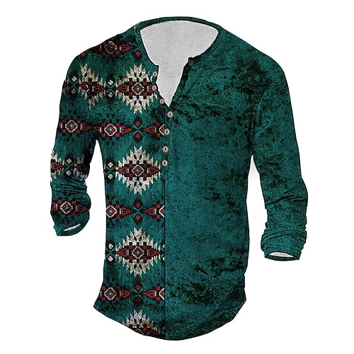 

Men's T shirt Tee Henley Shirt Tee Graphic Henley Green 3D Print World Cup Outdoor Daily Long Sleeve Button-Down Print Clothing Apparel Basic Designer Classic Comfortable