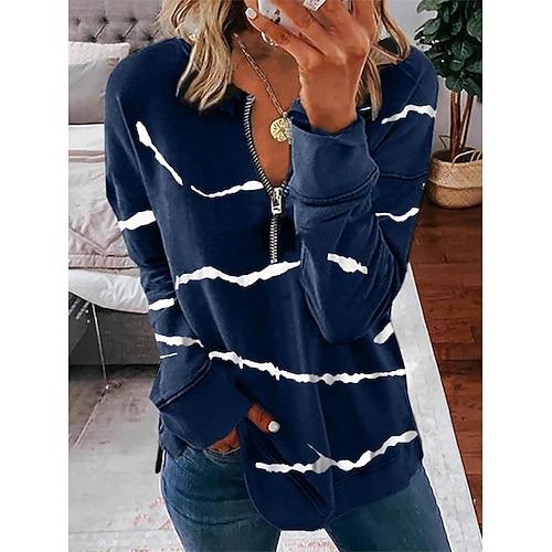 

Women's Shirt Green Blue Wine Striped Quarter Zip Print Long Sleeve Casual Sports Basic V Neck Regular S