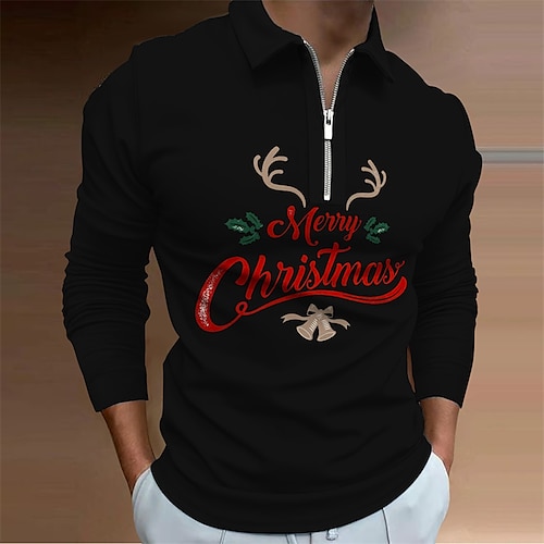 

Men's Collar Polo Shirt Zip Polo Golf Shirt Graphic Letter Turndown Green Black Wine Royal Blue Dark Gray Hot Stamping Christmas Street Long Sleeve Zipper Print Clothing Apparel Fashion Casual