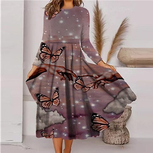 

Women's Casual Dress Swing Dress Midi Dress Blue Purple Fuchsia Long Sleeve Animal Pocket Winter Fall Autumn Winter Dress Fall Dress 2022 S M L XL XXL 3XL