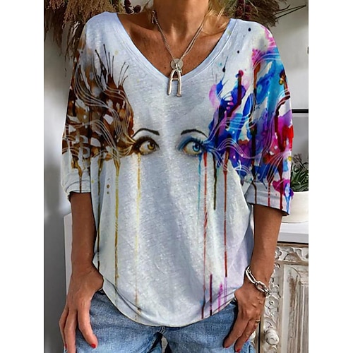 

2022 foreign trade cross-border new women's clothing casual v-neck long-sleeved loose pullover digital printing women's t-shirt