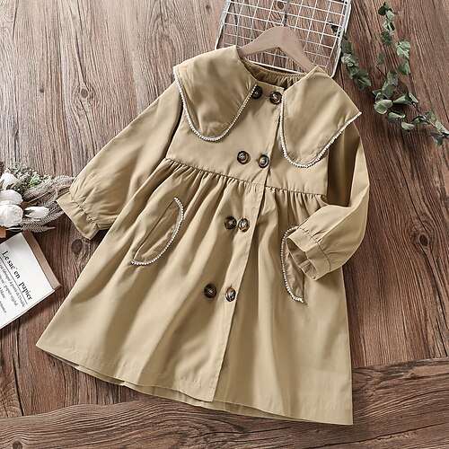 

Kids Girls' Trench Coat Long Sleeve Khaki Solid Color Ruffle Winter Fall Fashion School 7-13 Years