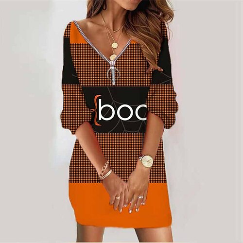 

Women's Sweatshirt Dress Winter Dress Orange Gray Long Sleeve Plaid Letter Zipper Print Winter Fall V Neck Vacation Casual Fall Dress Loose Fit 2022 S M L XL XXL 3XL / Halloween / Skull