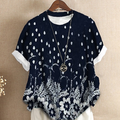 

Women's Plus Size Tops T shirt Tee Floral Print Short Sleeve Crewneck Streetwear Daily Sports Cotton Spandex Jersey Spring Summer Blue Purple